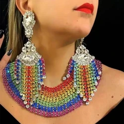Boho Rhinestone Rainbow Geometric Fringed Dangle Earrings Drag Queen Crystal Colorful Long Tassel Drop Earrings Wedding Jewelry