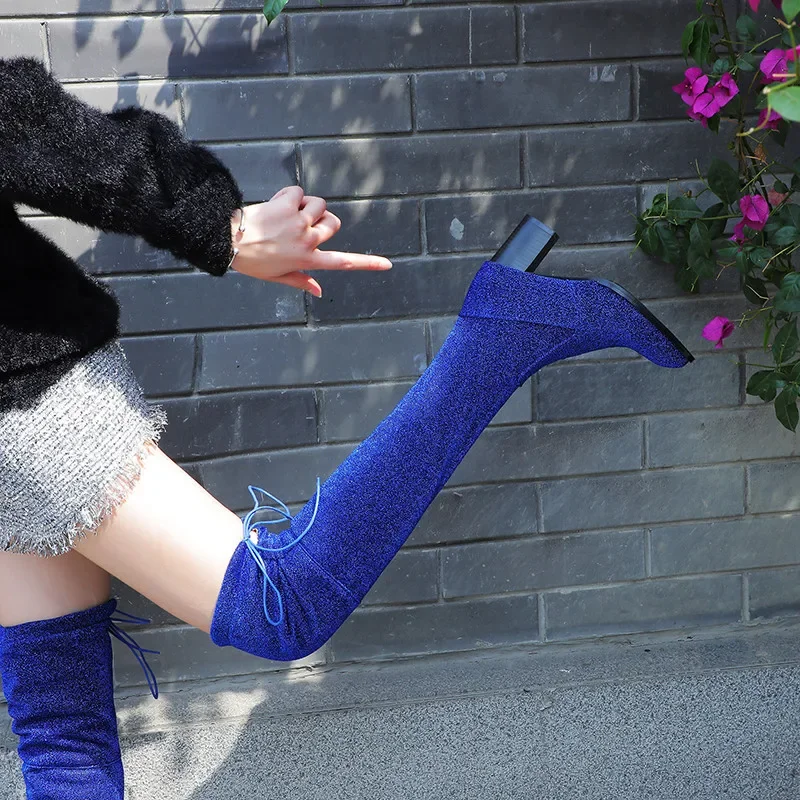 

YMECHIC 2025 Зимние модные эластичные тонкие сапоги выше колена, синие, черные, красные боковые молнии, верхняя женская обувь на шнуровке для езды