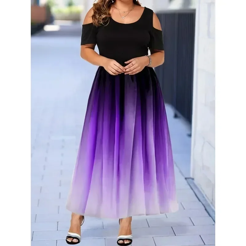 Women\'s Ombre Print Cold Shoulder Maxi Dress Plus Size Slight Stretch Short Sleeve Long Prom Elegant Dress