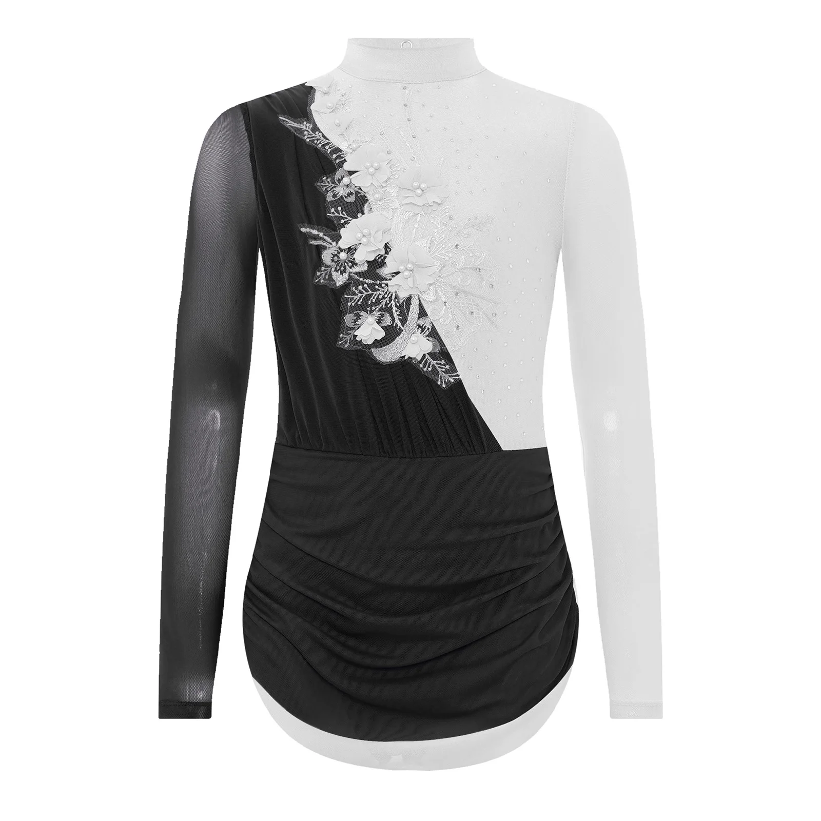 Crianças meninas vestido de patinação artística applique manga longa malha contornado collants traje de dança lírica ballet collant vestido dancewear