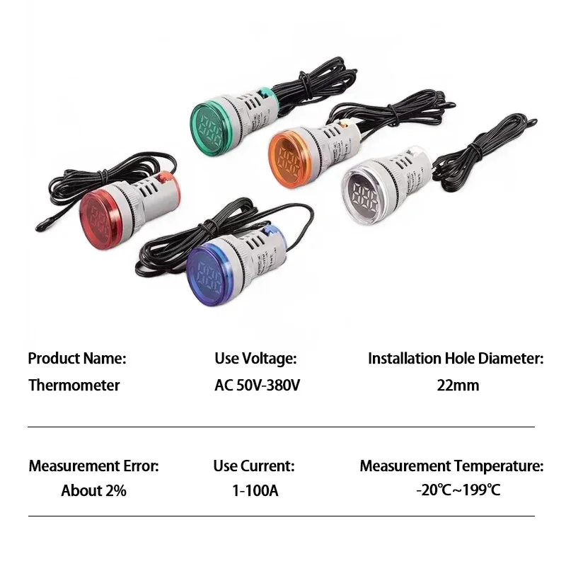 22mm AC50-380V 0-100A LED Digital Voltmeter Ammeter Thermometer Signal Indicator Light Volt Amp Hertz Tester Detector Lamp Pilot