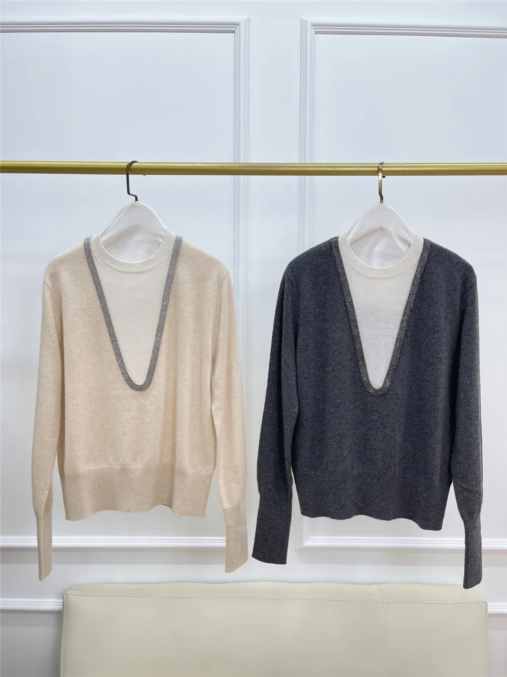 High Quality Beaded Chain O-Neck Cashmere Sweater Pullover Bottoming Top For Women