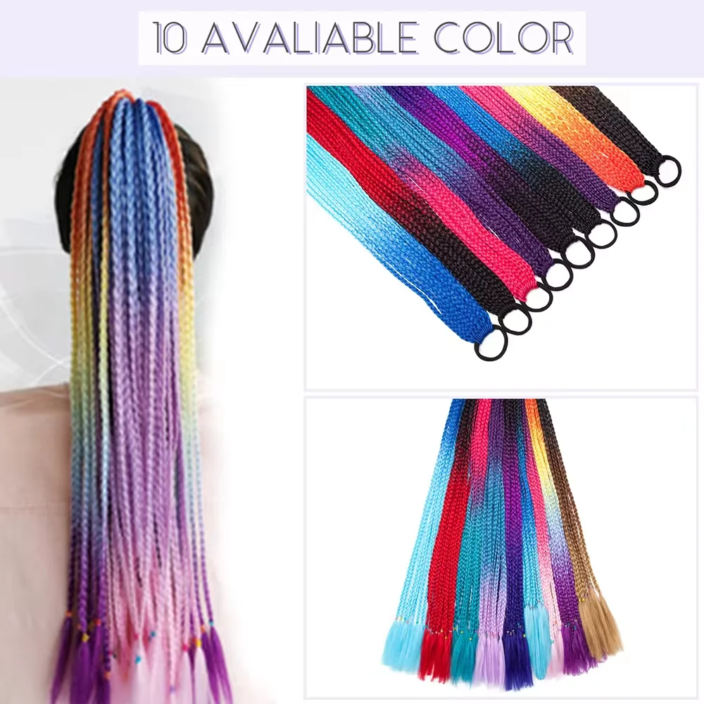 Synthetic Rainbow Hairpieces Colored Jumbo Braids Ponytail Overhead Tail with Rubber Elastic Band Braids Pigtail