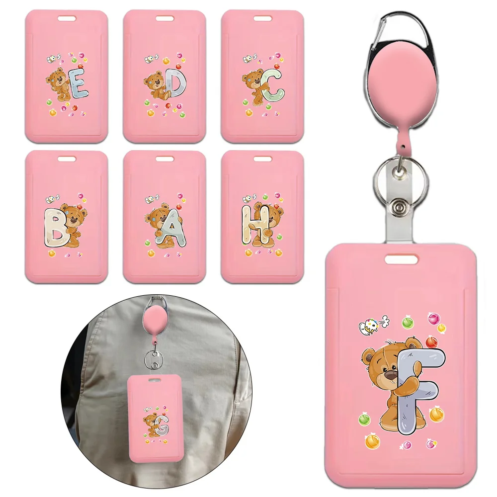 

Creative Employee Badge Holder Plastic Chest Id Tag with Retractable Buckle Valentine's Day Vertical Card Cover Bear Pattern