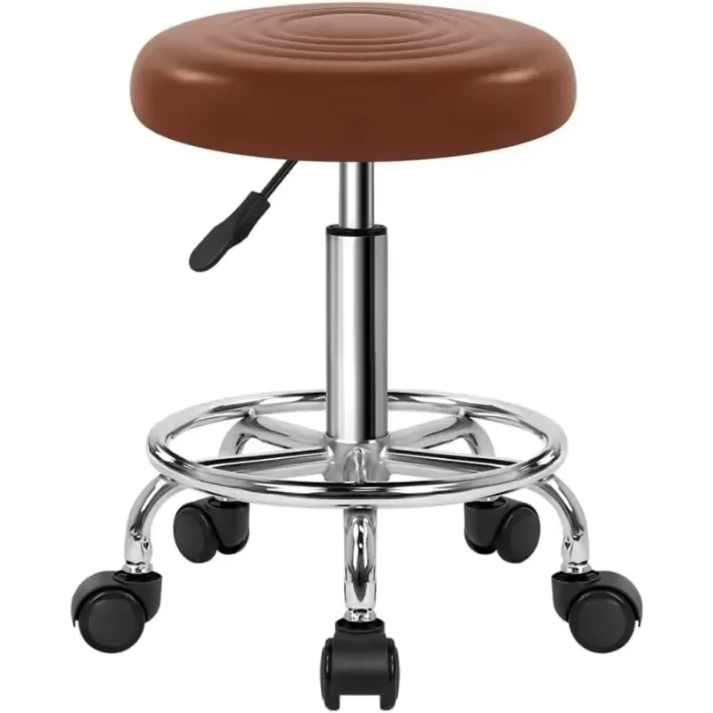 PU Leather Stool with Wheels Modern Round Rolling Stool with Footrest 360°Swivel Height Adjustable