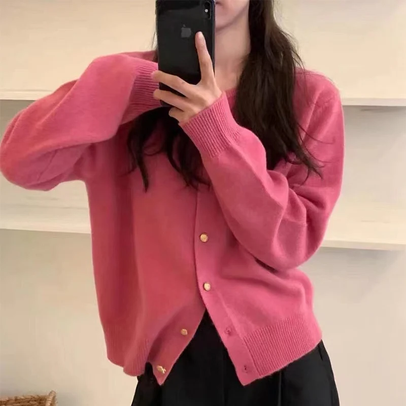 

2025 Simple Loose Versatile Thicken Cardigan Woman Korean Chic Metal Single-Breasted Coat Autumn Basic Solid Color O-Neck Tops
