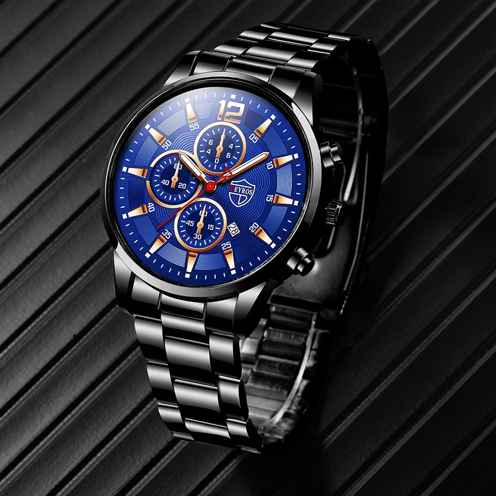 Reloj Hombre Fashion Men Three Piece Set Simple Watch Men\'s Business Calendar Watches Mens Stainless Steel Quartz WishWatch