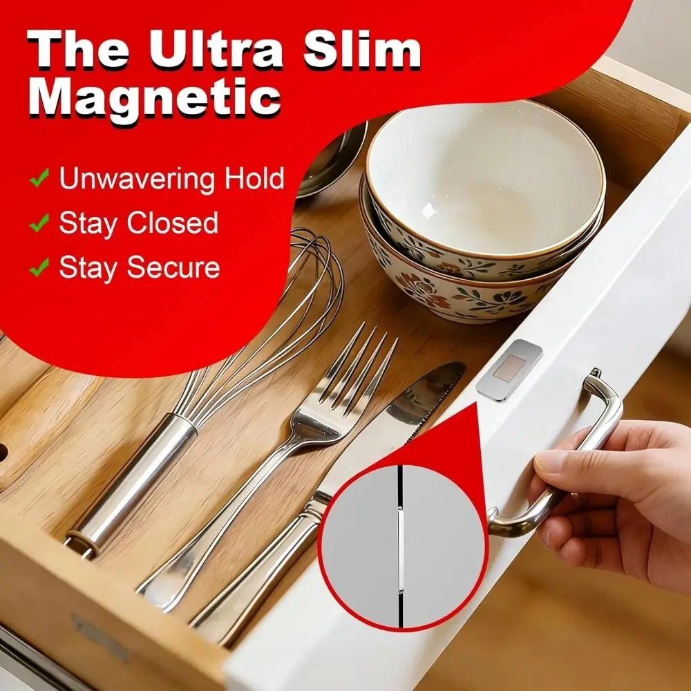 4 Set Ultra-Thin Magnetic Cabinet Door Catch Stainless Steel No Drill Cabinet Catch Strong Magnetic Quiet Closure Drawer Closer