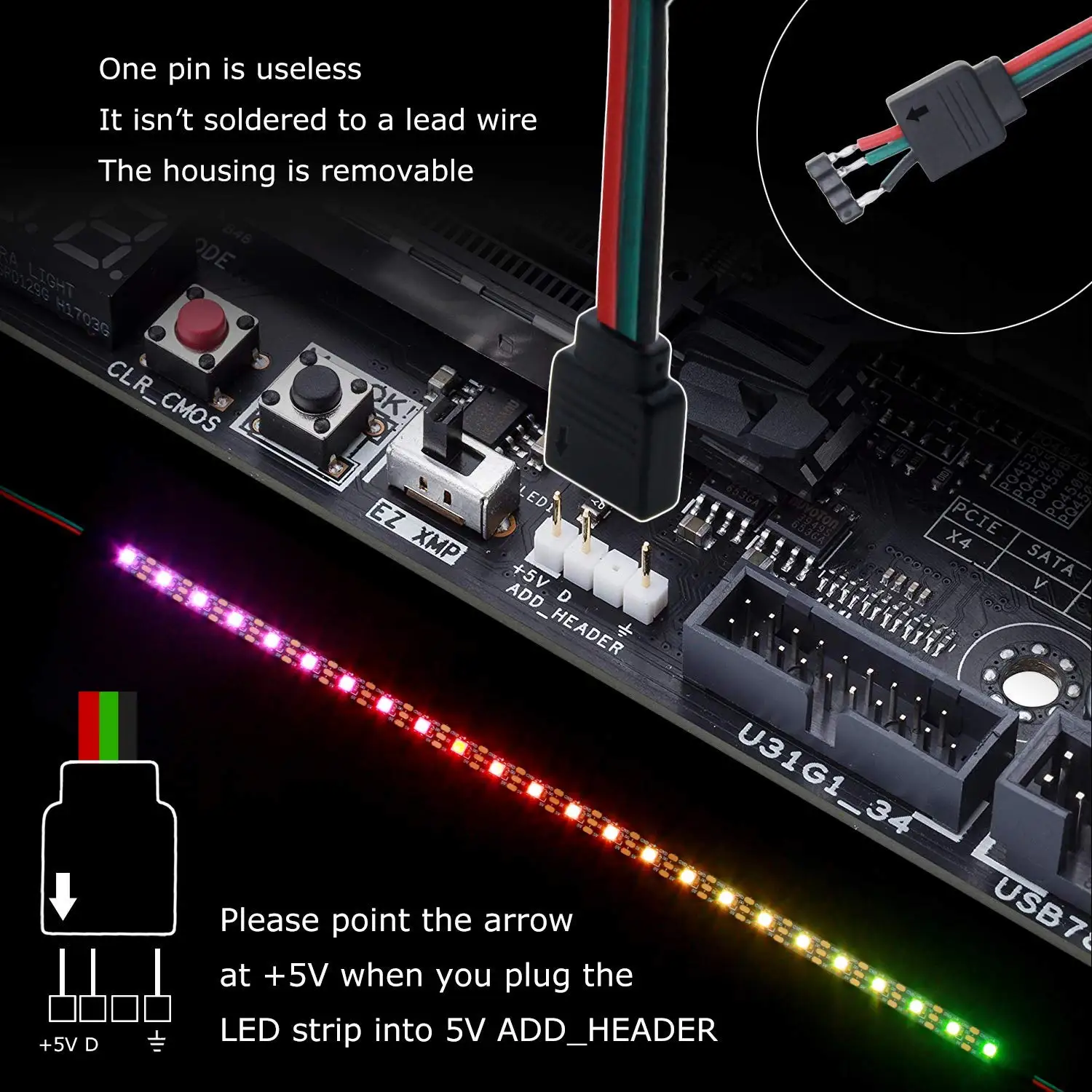 Tira de luces LED con RGB magnético, 5V, direccionable, ws2812b, carcasa de PC, placa base, cabezal de 3 pines, ASUS Aura SYNC Light