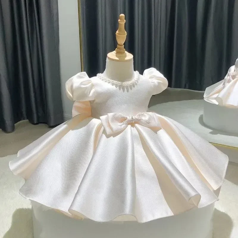 

New Baby Girls Dress Beads Bow Newborn Baptism Dress Baby Girl Tutu 1st Year Birthday Party Dresses Puff Sleeves Toddler Clothes