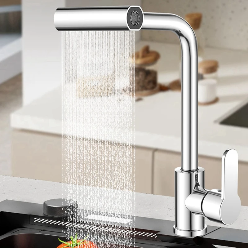 Waterfall Kitchen Faucet With 4 Modes Stream Sprayer Single Hole Deck Mounted Wash Tap Black