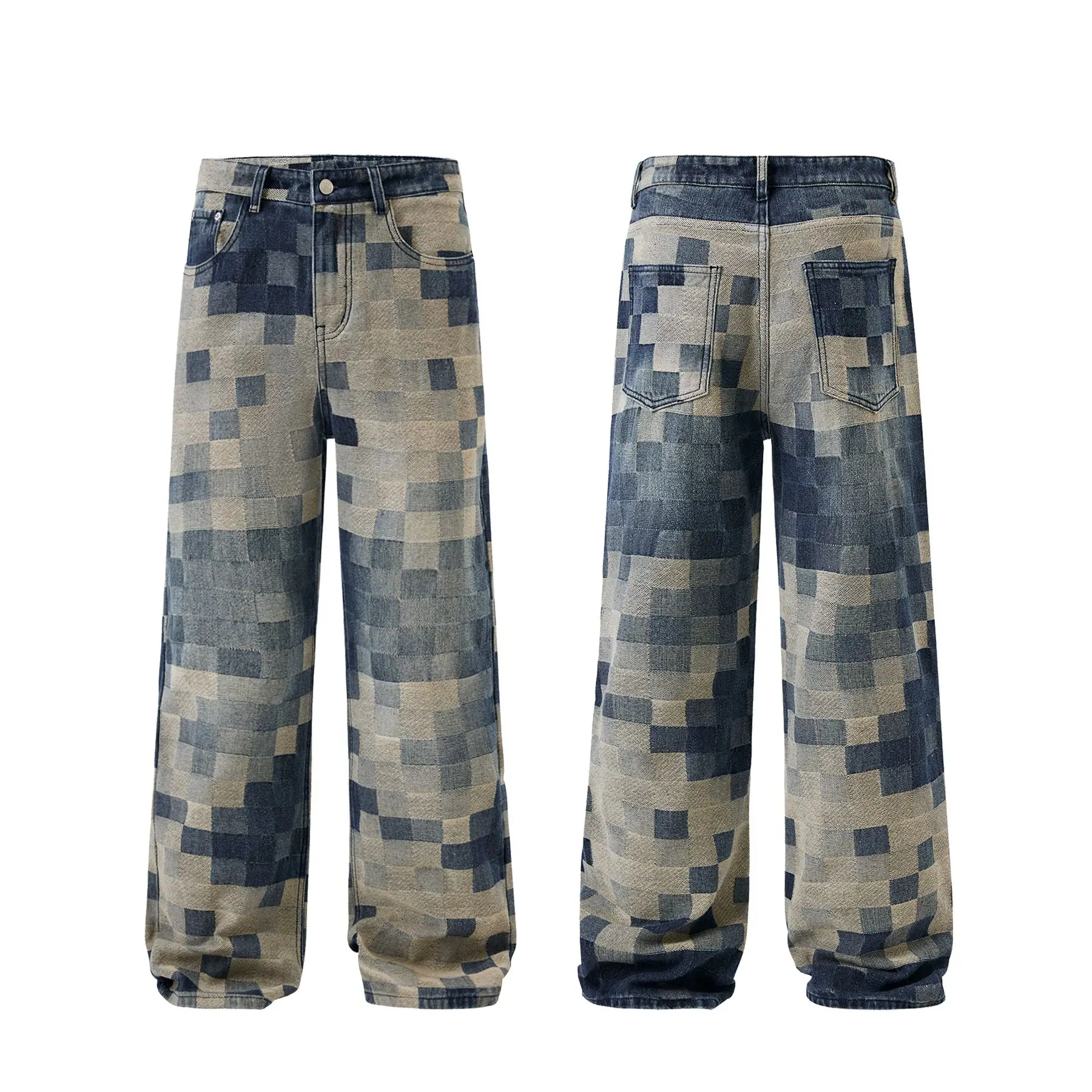 

Мужские джинсовые джинсы в клетку с мозаикой, повседневные хлопковые брюки из жаккардового плетения, свободные прямые брюки, джинсы, мужские брюки-карго