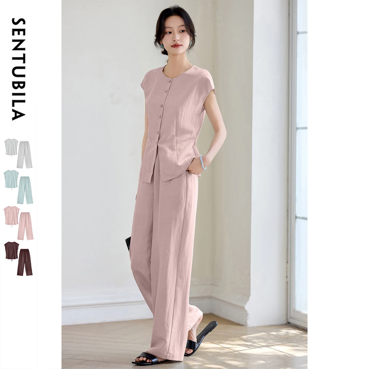 SENTUBILA Women's Linen Trouser Suit Summer Two Pieces Matching Set Women Button Shirt Straight Pant Sets 2026 Outfits 152ZA0094