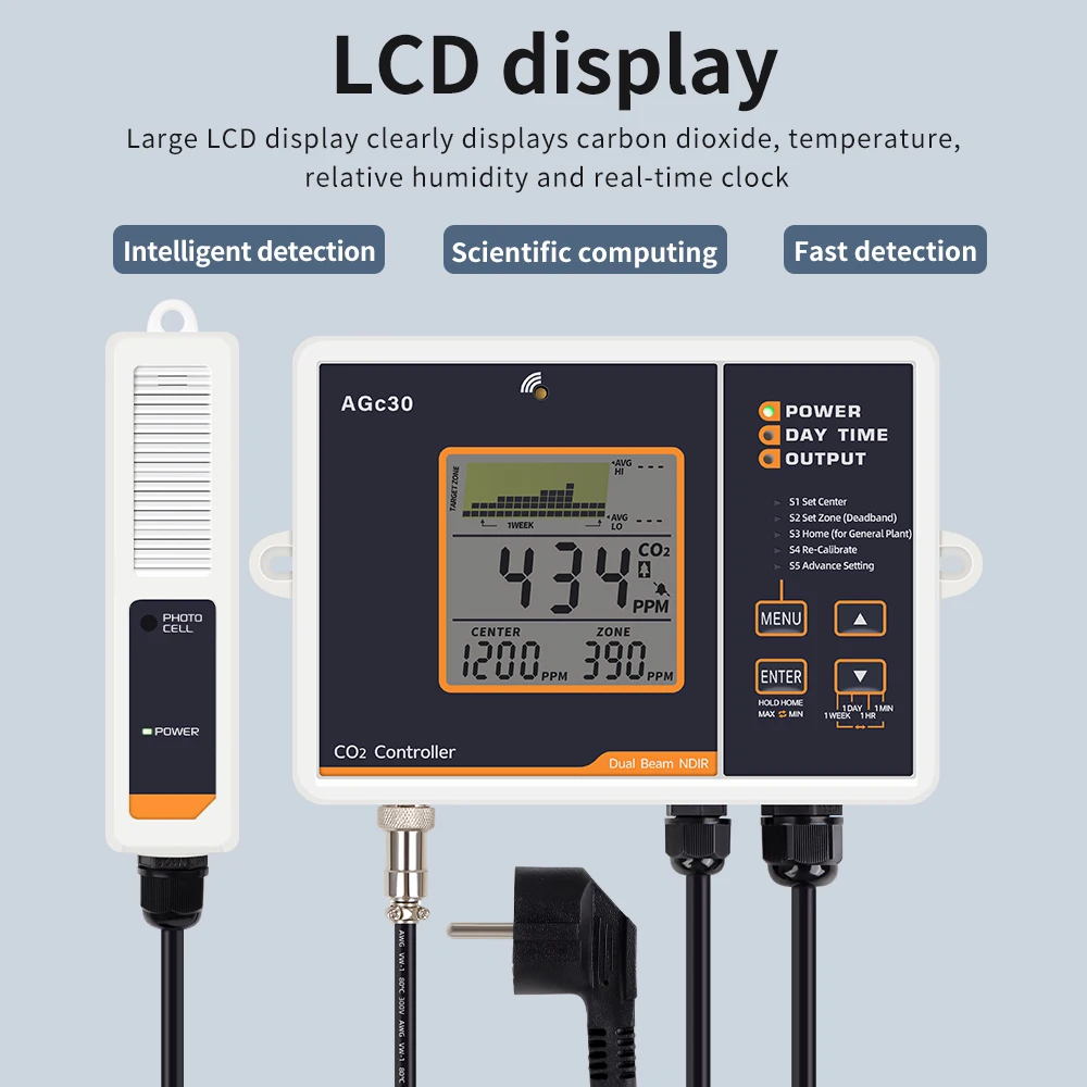 Cyfrowy monitor dwutlenku węgla AGc30 Kontroler CO2 z podwójną wiązką Kabel NDIR 4,6 metra do monitora IAQ w szklarni roślin