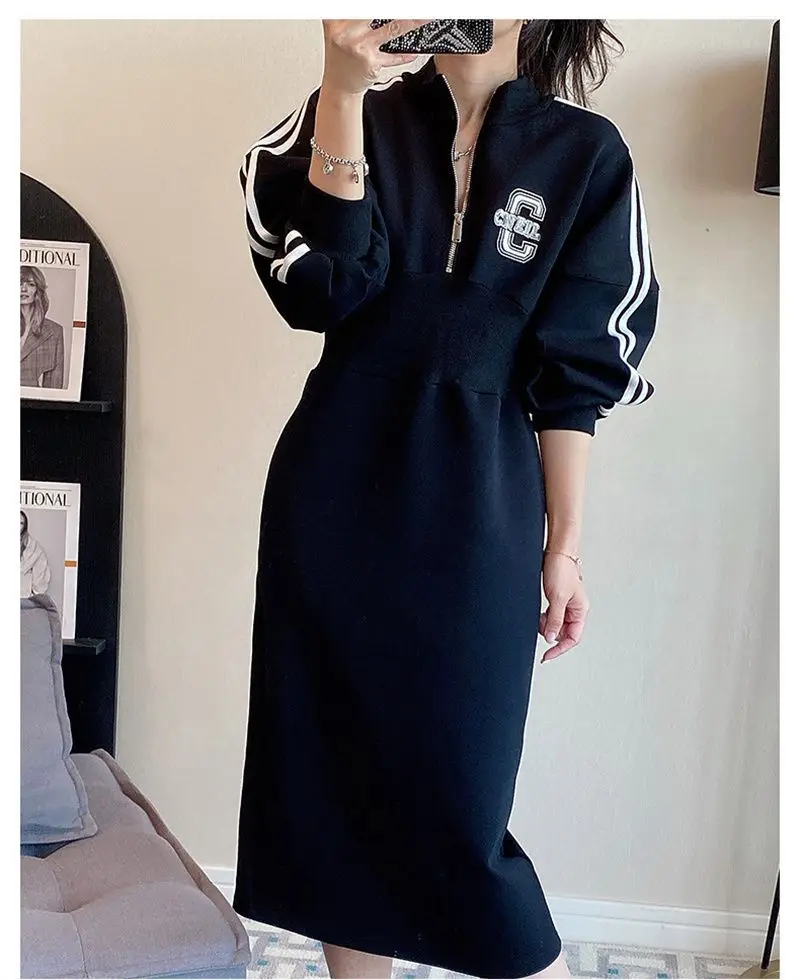 Plus Size 5XL 130KG Autumn Long Sleeve T Shirt Women Black Dress High Waist Maxi Split Dresses