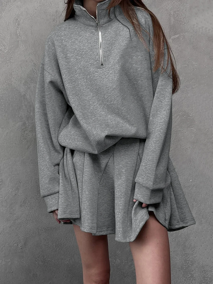 Marthaqiqi Loose Casual Female Pajama 2 Piece Suit O-Neck Sleepwear Long Sleeve Nightgowns Skirts Gray Solid Women Nightwear Set