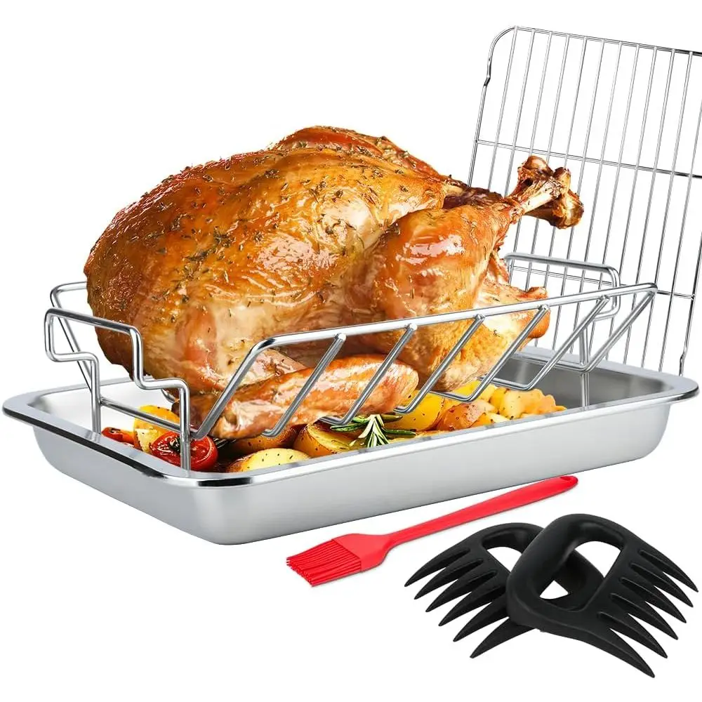 

Противень для запекания с решеткой для охлаждения, 15,5 дюймов, для индейки или курицы, из нержавеющей стали, 6 шт.