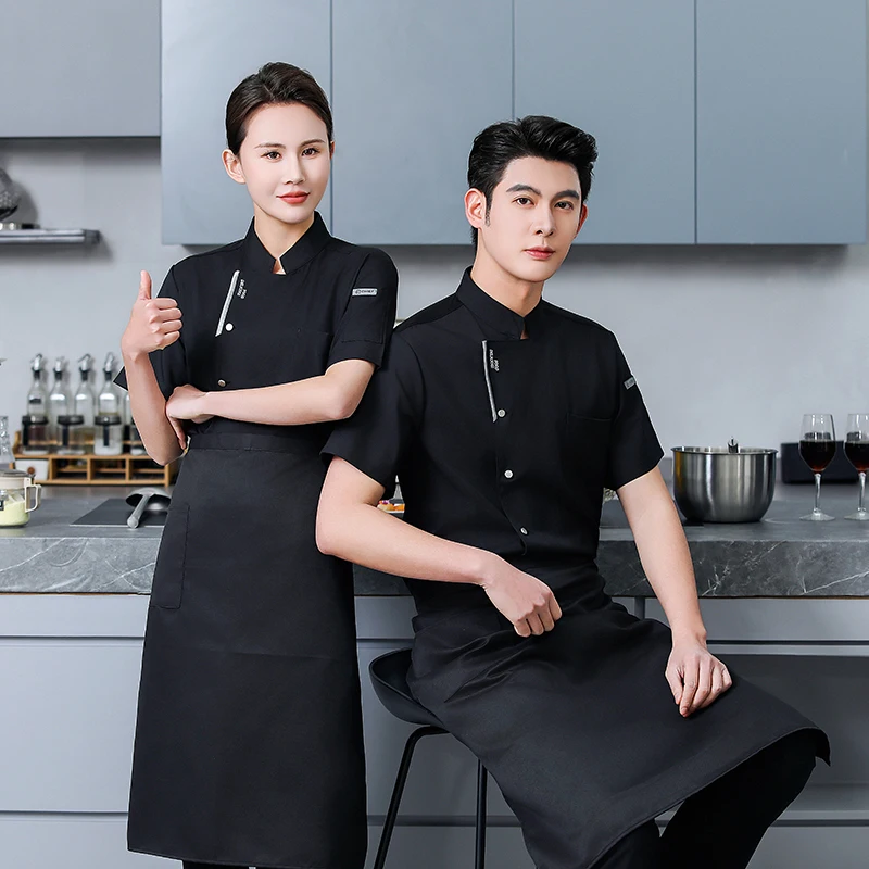 Restaurant Short Sleeve Chef Shorts Jacket Kitchen Breathable Chef Coat Summer Men Black Chef Uniform Apron Work Clothes Logo