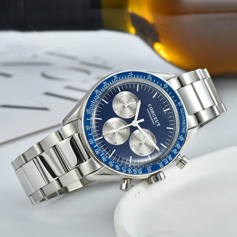 40MM Corgeut Japanese Quartz Movement Full Functional Chronograph 24Hour Multi-Function  316L Stainless Steel Case Mens Watch