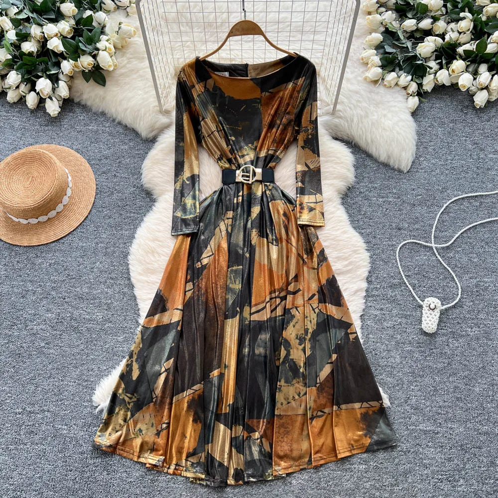 

Long Dress Women Dresses A Line Vestidos Y2k Streetwear Round Neck Print Floral Tight Waist Elegant Work Party Night Autumn