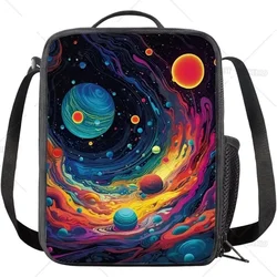 Color Planet Print Reusable Lunch Box for Boys Girls Large Insulated Cooler Lunch Bag with Side Pocket for Kids School Work