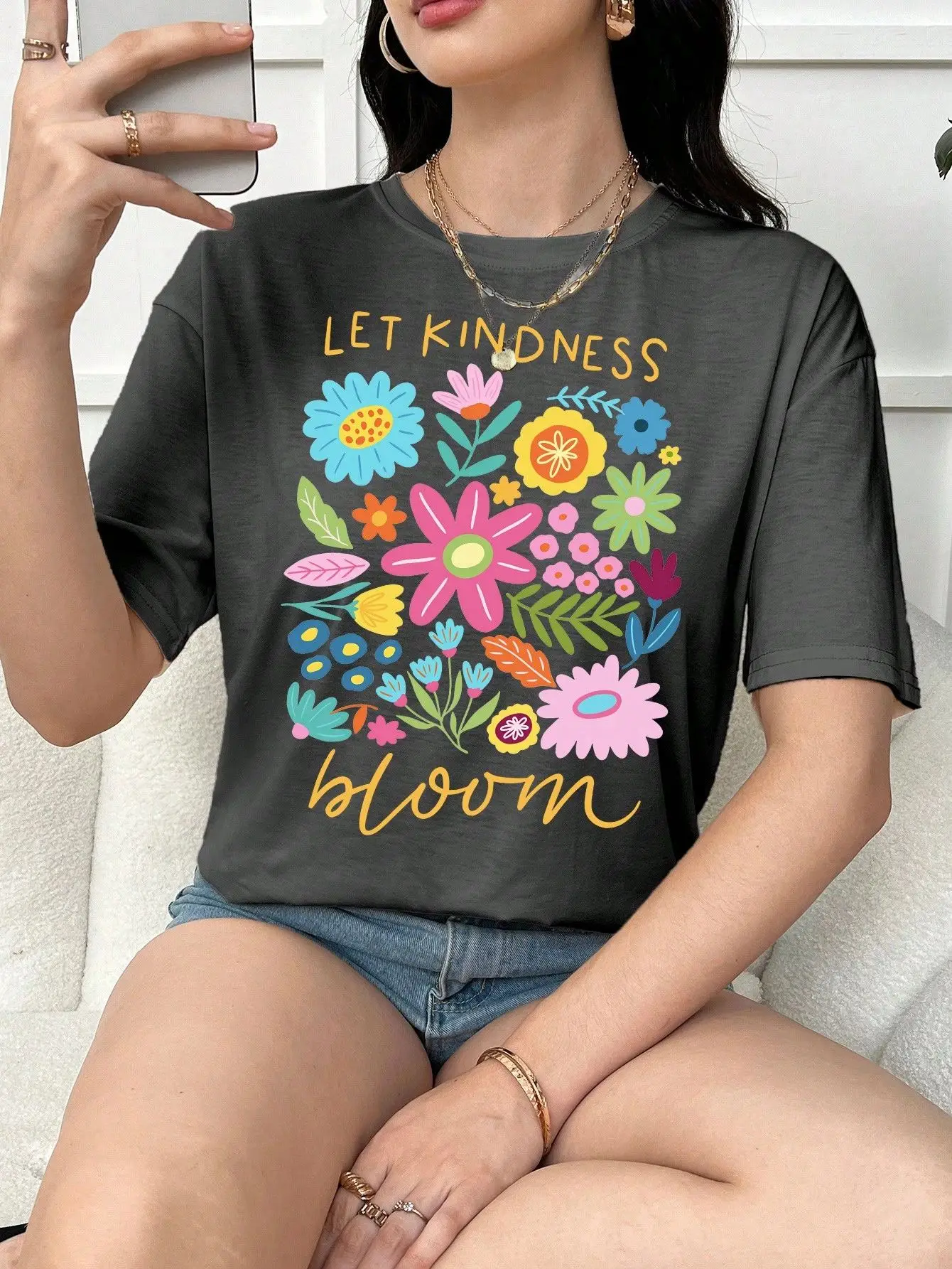 

Plus - Size Women's Dark Gray Short - Sleeve T - shirt, “LET KINDNESS bloom” & Colorful Flowers Print, Casual & Inspirational