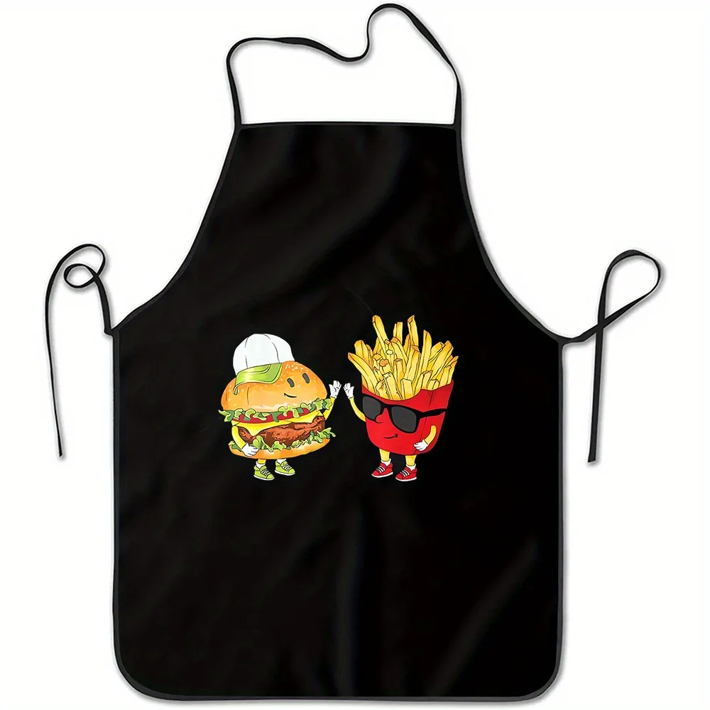 Funny Burger Fries Character Apron, Cute Fast Food Mascot Cooking Bib, Black Kitchen Decor, Humor Gift for Chef Dad