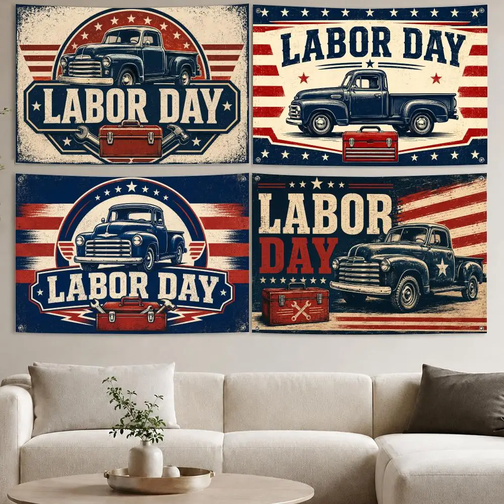 Labor Day Pickup Truck Elements Flags Aesthetic Wall Tapestry Printed Wall Hanging Living Room Party Outdoor Decor