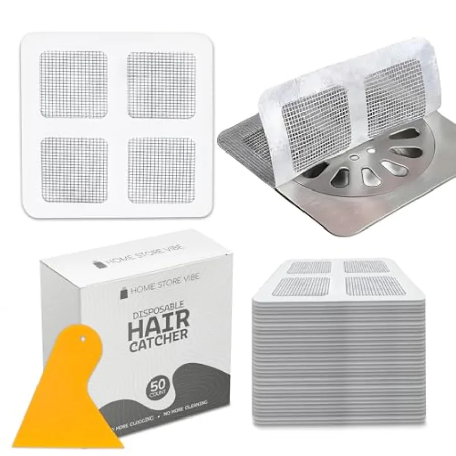 

50 Pack Disposable Shower Drain Hair Catcher with Scrapper - Mesh Stickers for Bath, Bathtub, Bathroom, Kitchen Sink, Laundry -