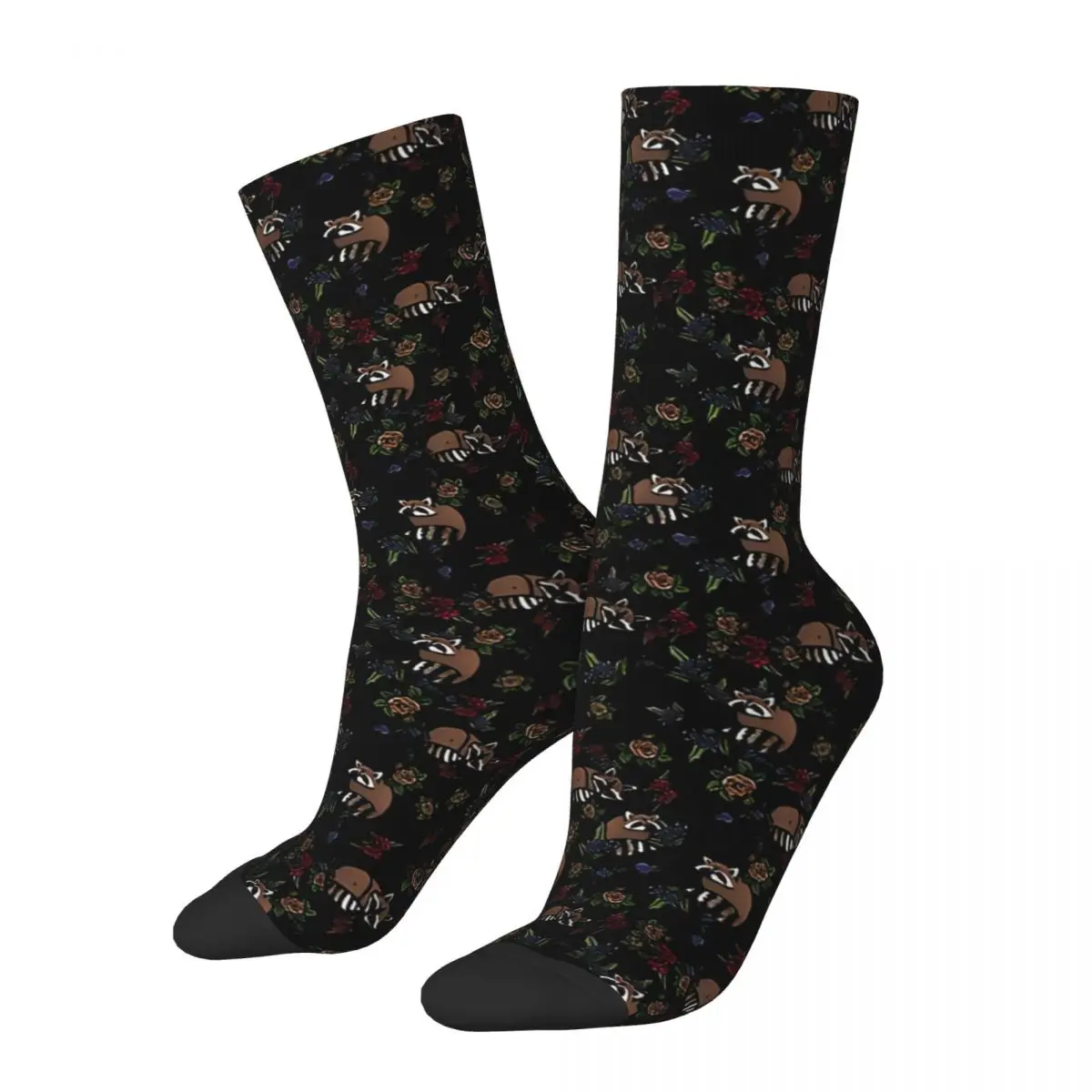 Funny Crazy Sock for Men Floral Raccoons Hip Hop Vintage Raccoon Happy Pattern Printed Boys Crew Sock Casual Gift