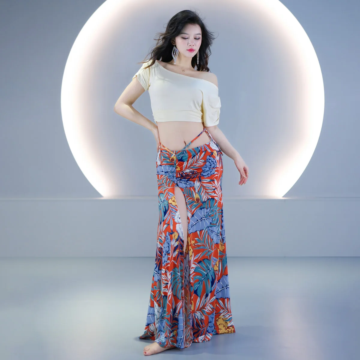 

Dancer's New Belly Dance Practice Outfit Set, Ice Silk Floral Print Practice Performance Costume, Plus Size Slimming 5092