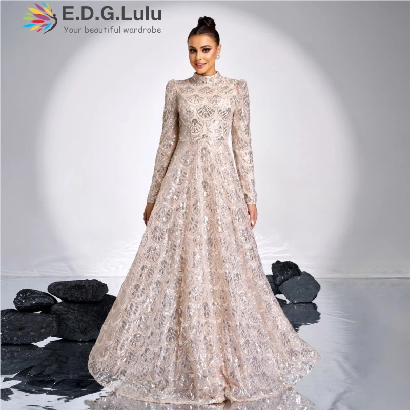 

EDGLuLu Gold Glitter Print Luxury Dress Birthday Round Neck Long Sleeved Party Dress Hollow Backless Long Evening Dress 1025