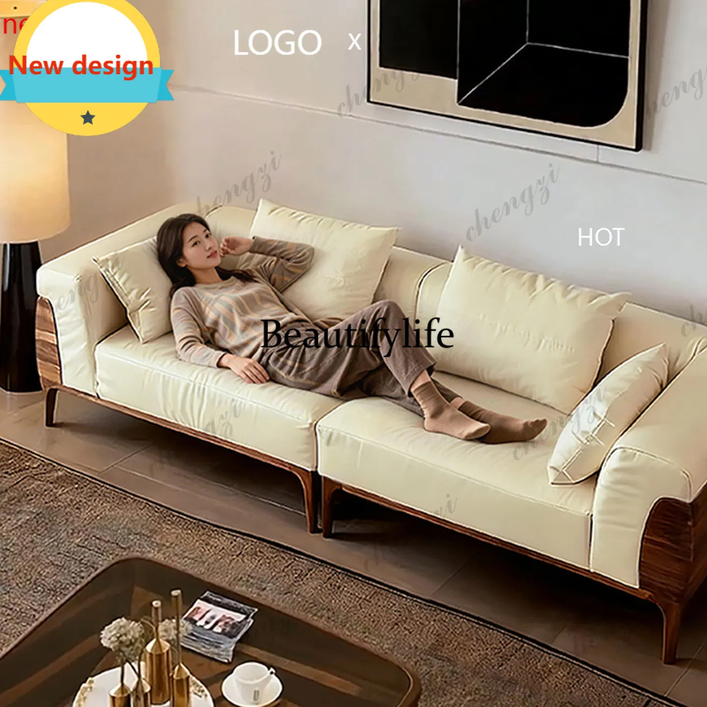 D8000    Italian light luxury leather straight row sofa, minimalist solid wood living room sofa