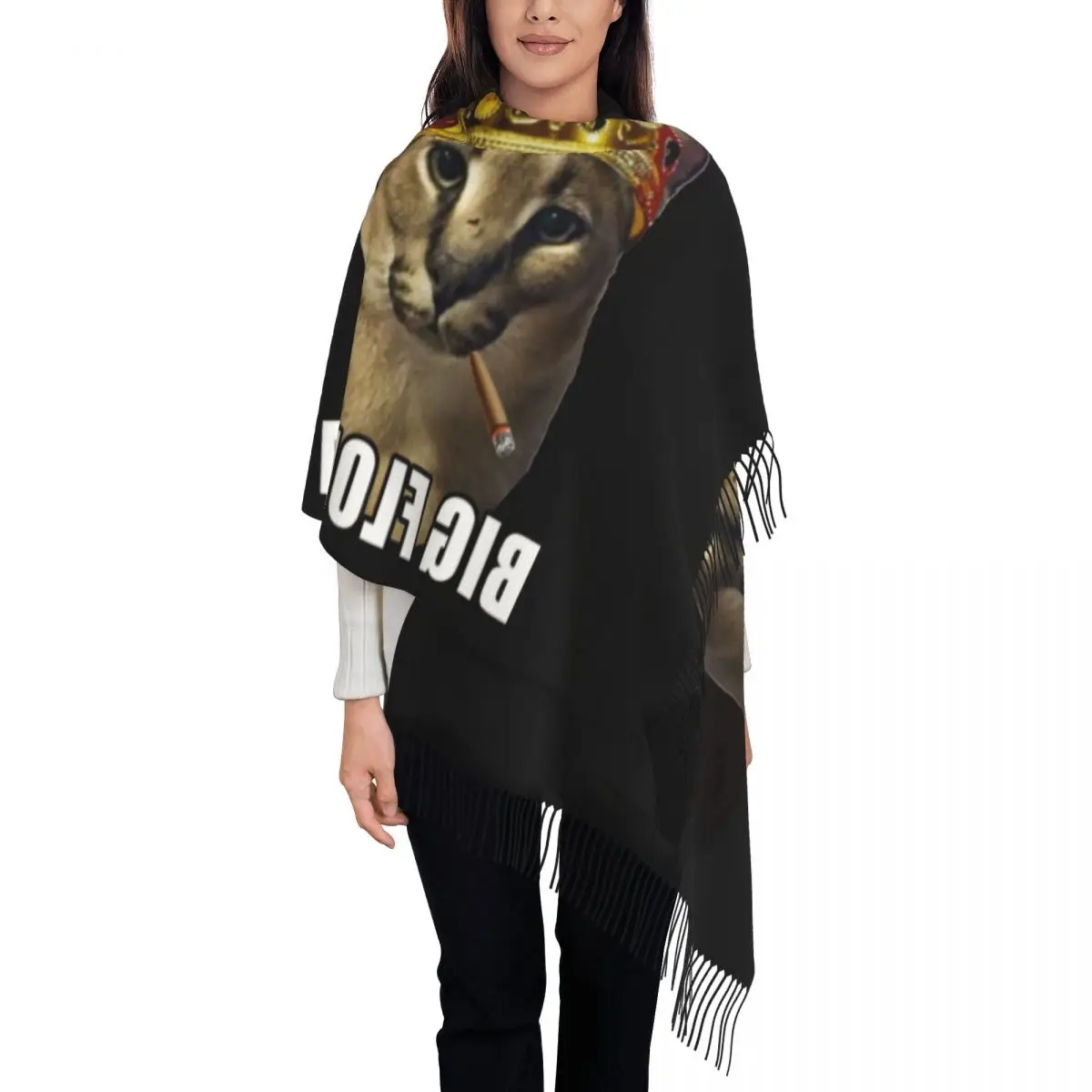 Big Floppa King Crown Poppa Meme Scarf Wrap Women Long Winter Warm Tassel Shawl Unisex Scarves