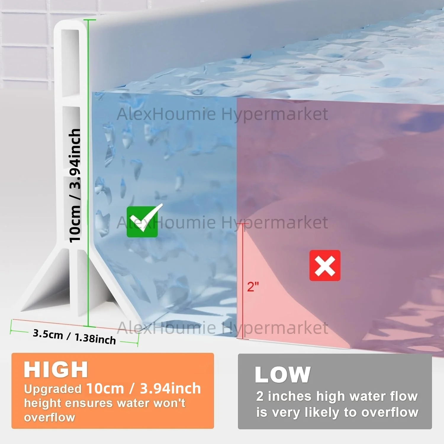 10cm High Shower Threshold Water Dam Water Stopper Collapsible Leak-proof Waterproof for Wet Dry Separation for Bathroom&Kitchen