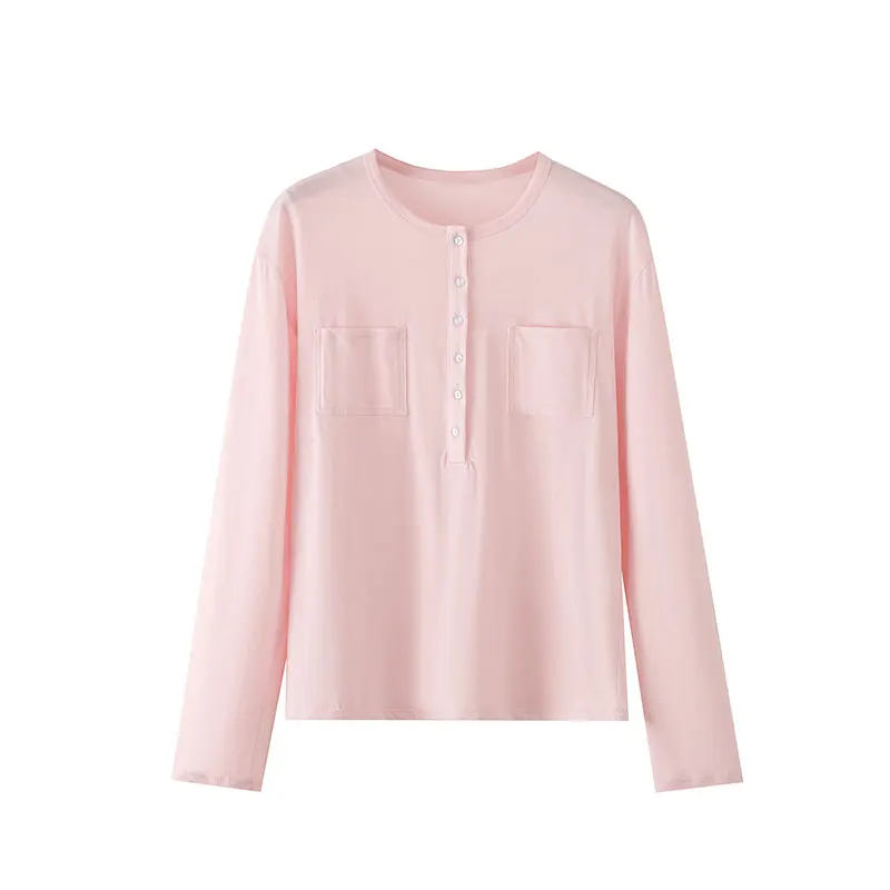 Nlzgmsj 2026 Vintage Women Henley Shirt Half Button Placket Dual Chest Pockets Long Sleeve Loose Casual Daily Streetwear Tee Top