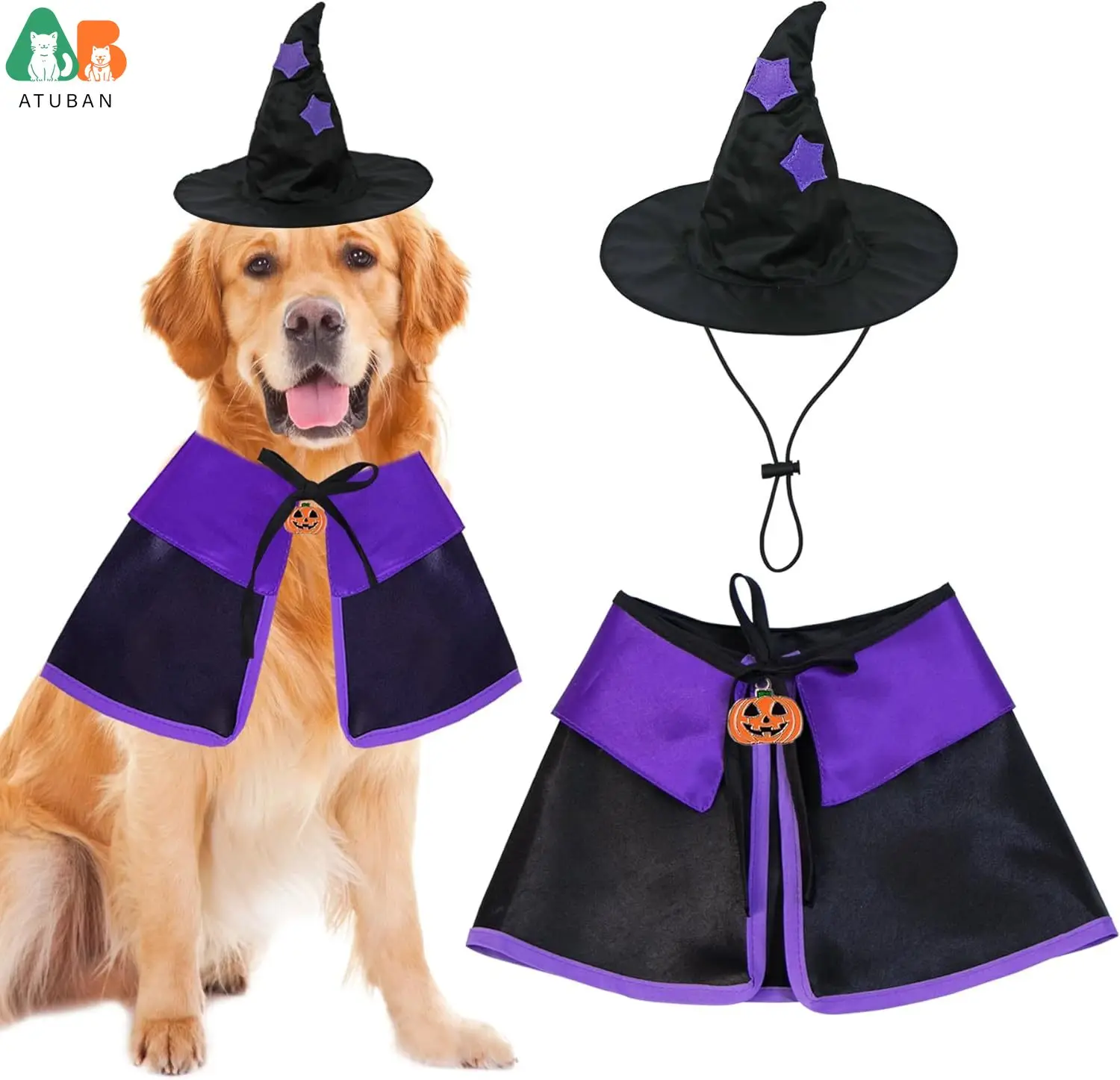 

ATUBAN Dog Halloween Costumes, Dog Witch Costume Halloween Dog Witch Cloak Cape Wizard Hat Halloween Costumes for Dogs Pets