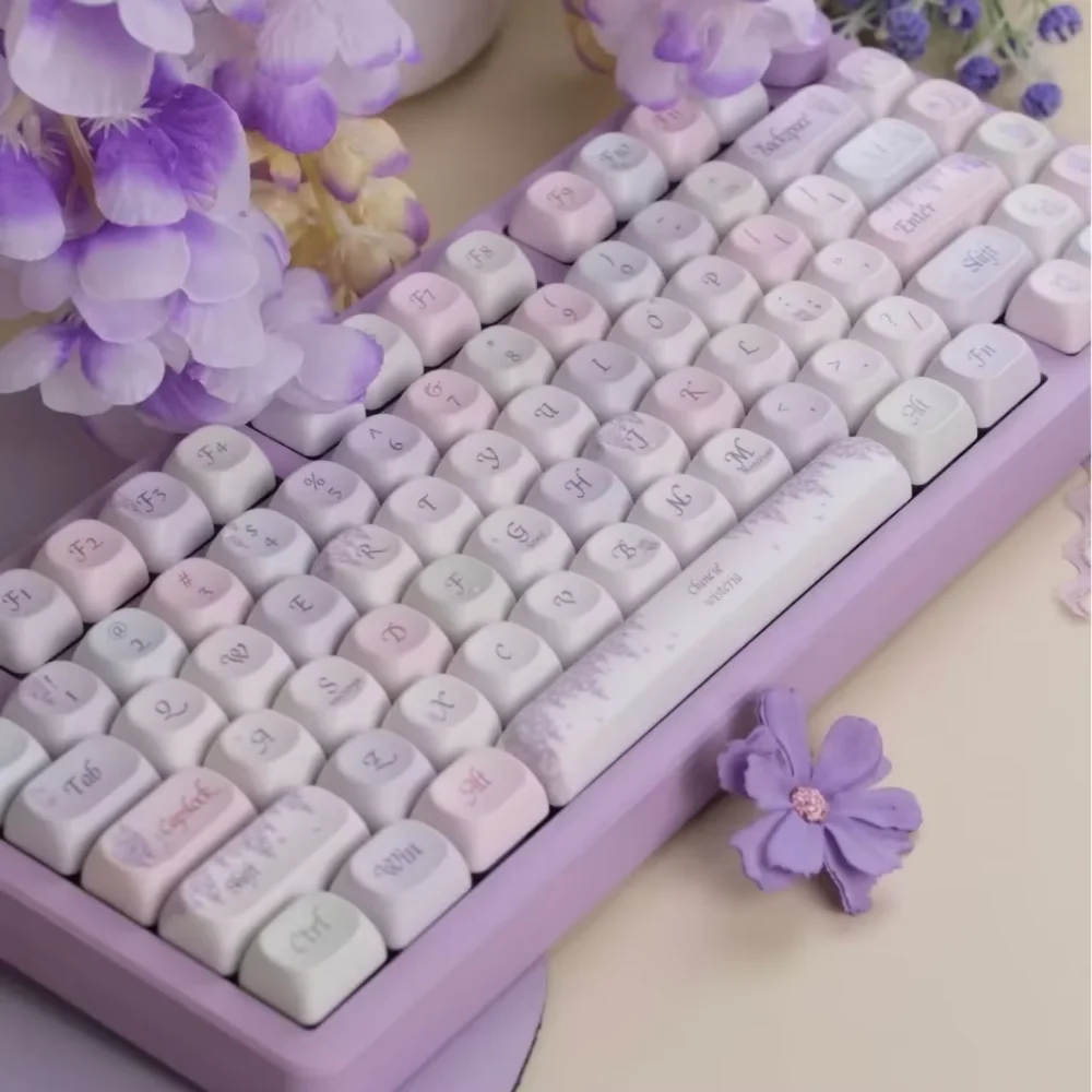 Wisteria moa keycap conjunto pbt personalizado adolescente keycaps roxo para mx switch 60/84/90/104/108 teclados mecânicos