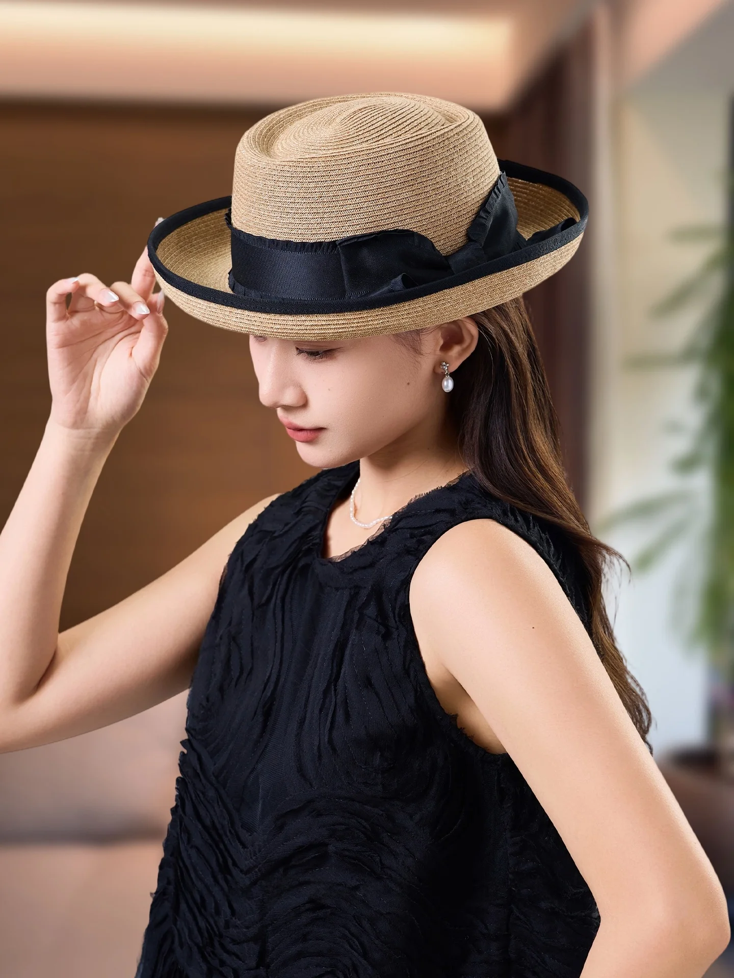 日焼け止め-レディース-麦わら帽子-バタフライノット付き-調節可能なつば-アウトドア-ビーチ-旅行-高級感-小さめのレインハット-クラブ用