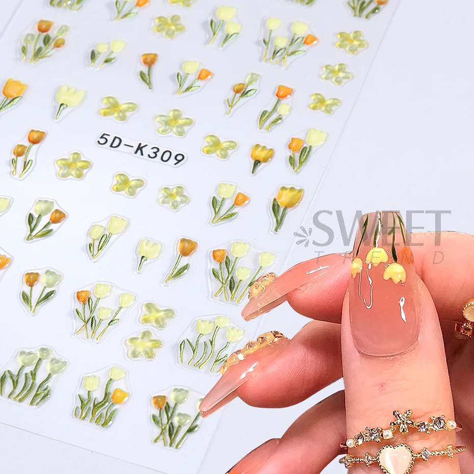 5D Spring Floral Embossed Nail Stickers Yellow Tulip Elegant Flowers Peach Adhesive Sliders Summer Simple Design Manicure Decals