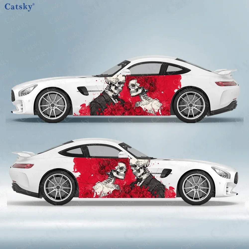 Skull Couple Red Rose Car Side Sticker Decoration, PVC Waterproof Scratch Resistant Decal, Car Protection, Auto Accessories Gift