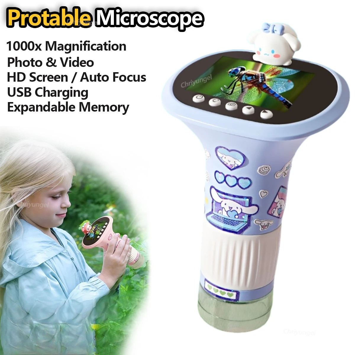 Chriyungel مجهر رقمي للأطفال 1000X مجموعة العلوم المحمولة مع مصباح ليد صور فيديو الجذعية ألعاب تعليمية صبي فتاة هدية