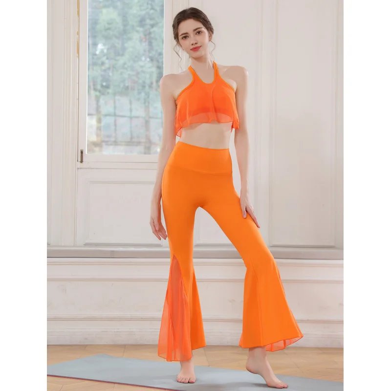 طقم يوجا نسائي رياضي بدون أكمام، حمالة صدر للجري متقاطعة من الخلف، سراويل واسعة للرقص واللياقة البدنية