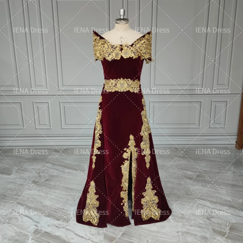 14548#IENA 2023 Kaftan Dubai Evening Dress Elegant Lace Applique Velour Saudi Arabic Muslim Formal Prom Party Gown New Fashion