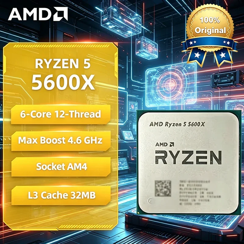 CPU AMD Ryzen 5 5600X, Procesador AMD R5 5600X, 4.6GHz, 6 Núcleos, 12 Subprocesos, 32MB de Caché, Socket AM4, CPU para Juegos de Escritorio, Sin Embalaje