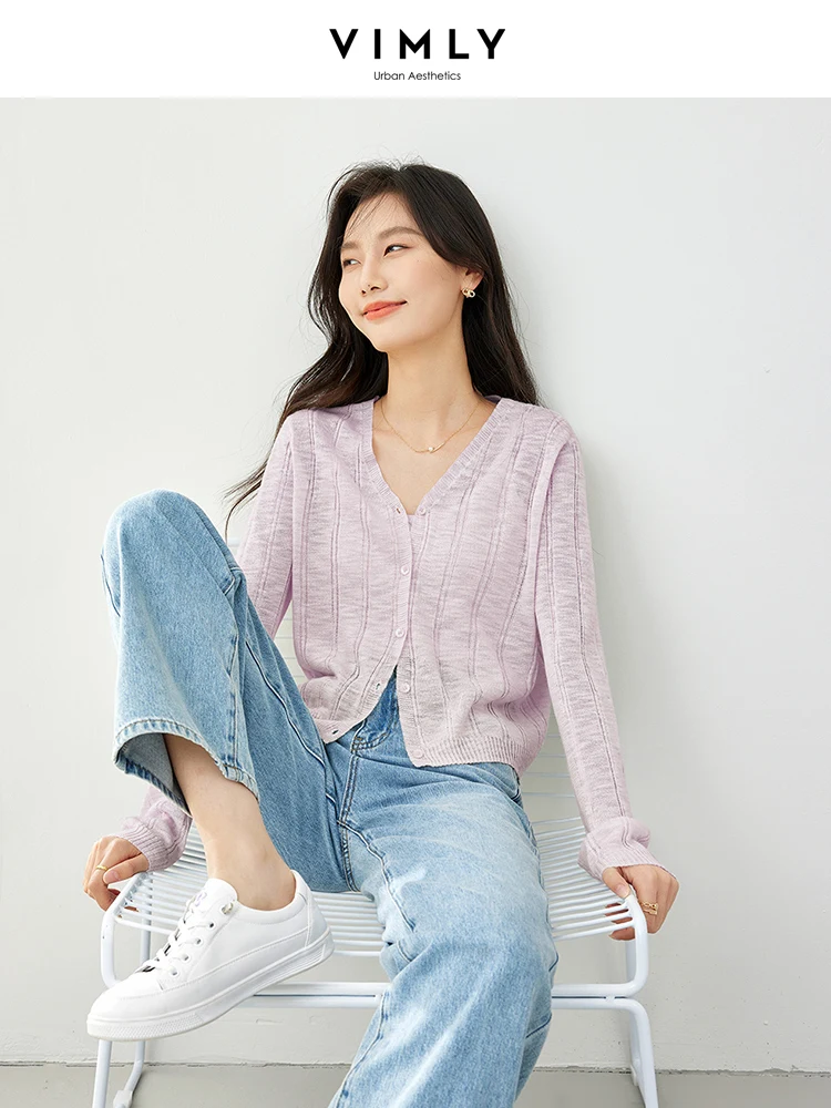 VIMLY Solid Hollow Out Loose Knitted Suit Women 2024 Summer Casual Long Sleeve Cardigan Top + Cami Tank Vest 2 Piece Set 72797