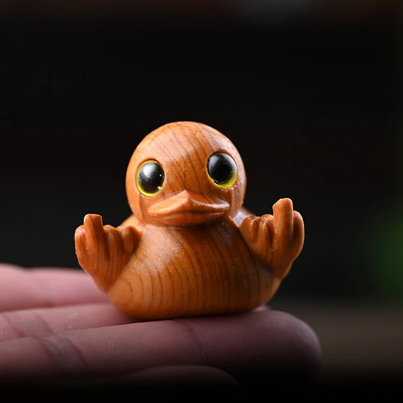 1PC Handmade Wooden Statue Mini Duck Figurines Funny Middle Finger Duck Garden Decoration For Home Office Desktop Accessories