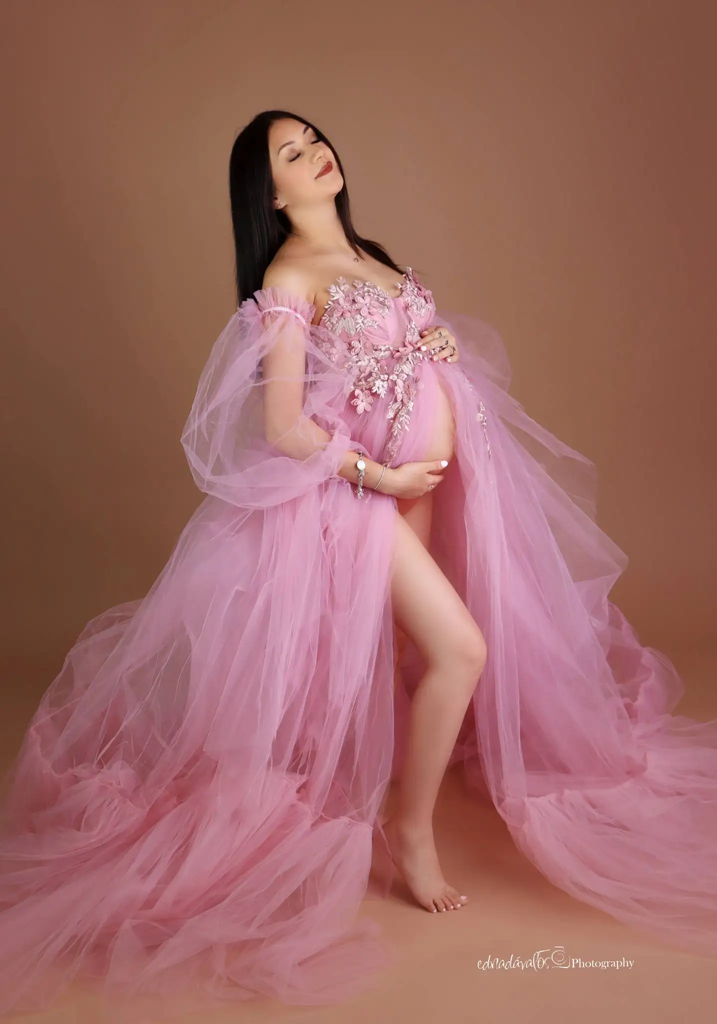 Pink Maternity Prom Dress Robe Pregnant Lace  Appliques Pajams Sexy Sleepwear Bathrobe Photoshot Fluffy Tiered Party Gowns