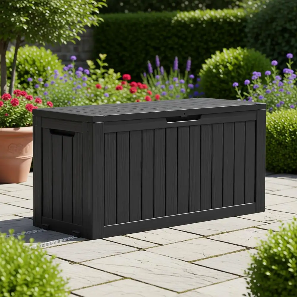 Caja de Almacenamiento de Resina de 72 Galones con Ruedas para Artículos Esenciales para Exteriores, Accesorios para Piscina y Herramientas de Jardín en Negro