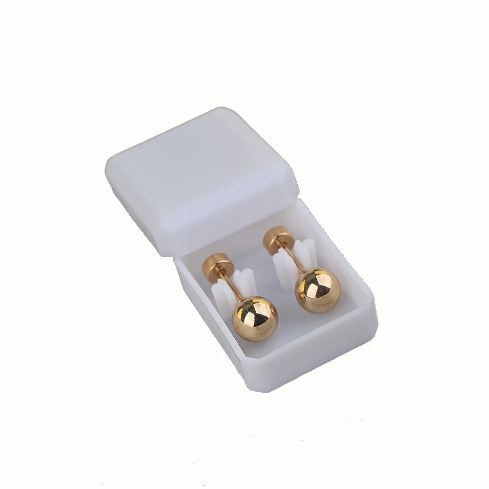6MM Gold-colored Stainless earrings in a box; round-shaped, threaded earrings For Women Men Ear Piercing Jewelry